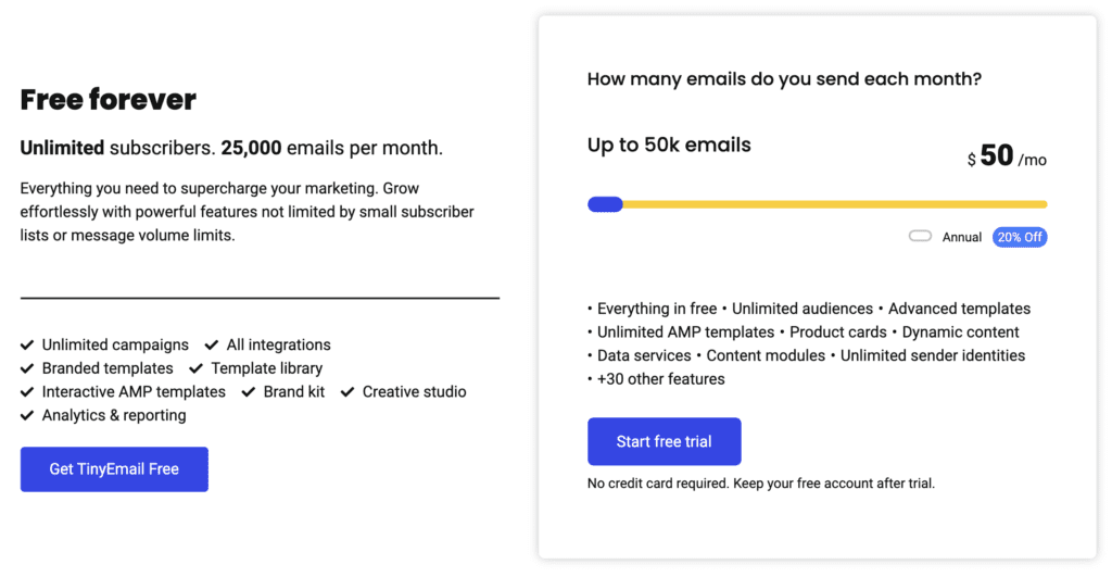 tinyemail pricing free