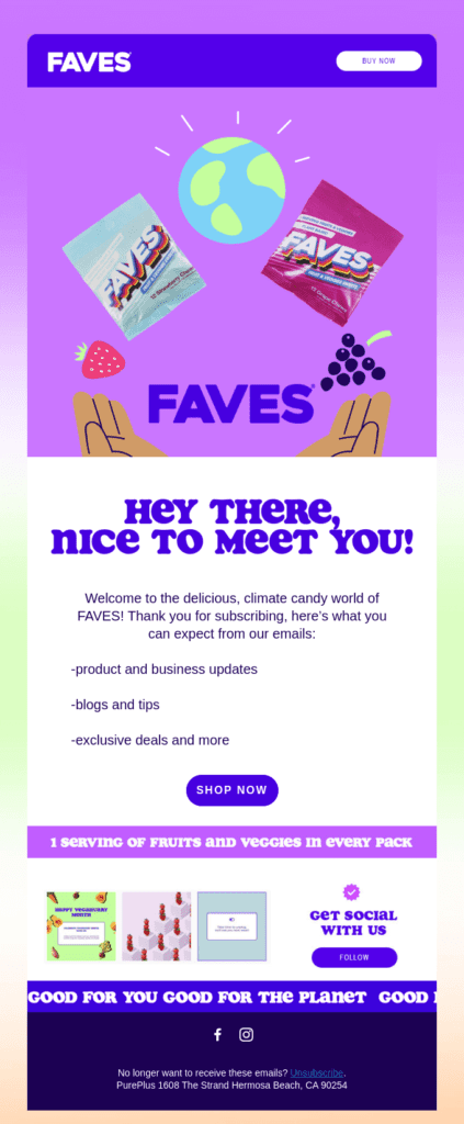 Candy brand Faves welcome email